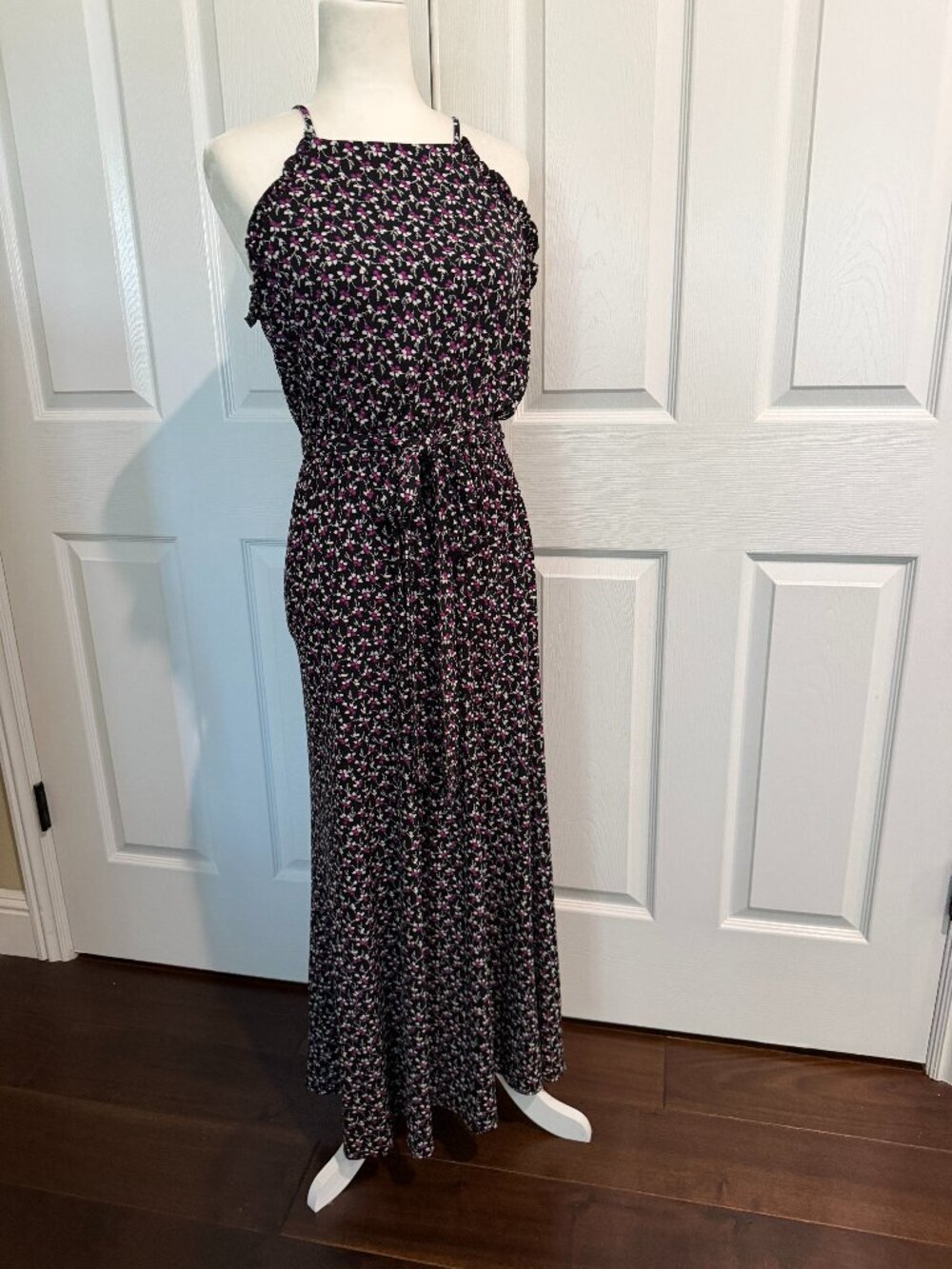 Nordstrom CeCe Halter Top Black Floral Tie Waist Maxi Dress Size Small